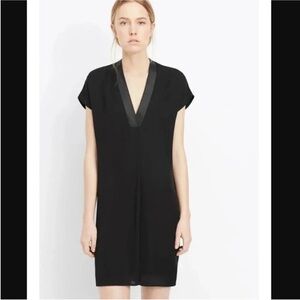 Vince Silk Popover Little Black Dress with Lamb Leather Trim, size XS